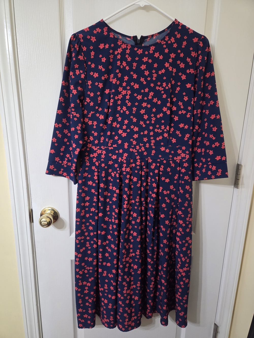 Navy Floral Fit-and-Flare Dress with Pink Print